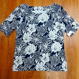 Talbots Floral Blouse Navy Blue + White Size S
